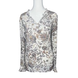 Rose + Olive Ruffle Neck Floral Blouse – Ivory, Gray & Mustard | Size M